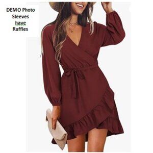 Womens Elegant Long Sleeve V Neck Wrap Ruffle Swing Dress - NWT